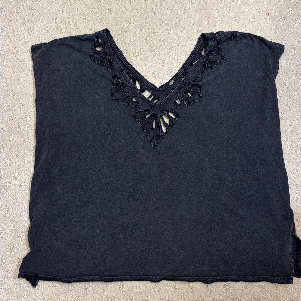 Free People washed black double V-Neck Top with Lace like cutout all around neck